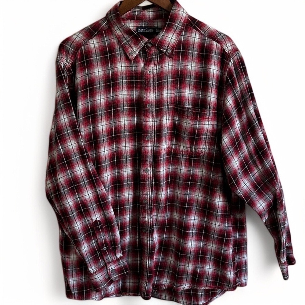 Faded Glory Men's XL Flannel Shirt 100% Cotton Red Black White Flannel Plaid